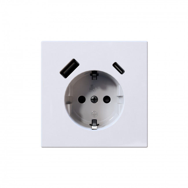 Розетка SCHUKO© с USB A+C с защитными шторками 16A 250V~ 2P+T USB 25W, цвет белый глянцевый, FD5501USB-25W, Jasmart