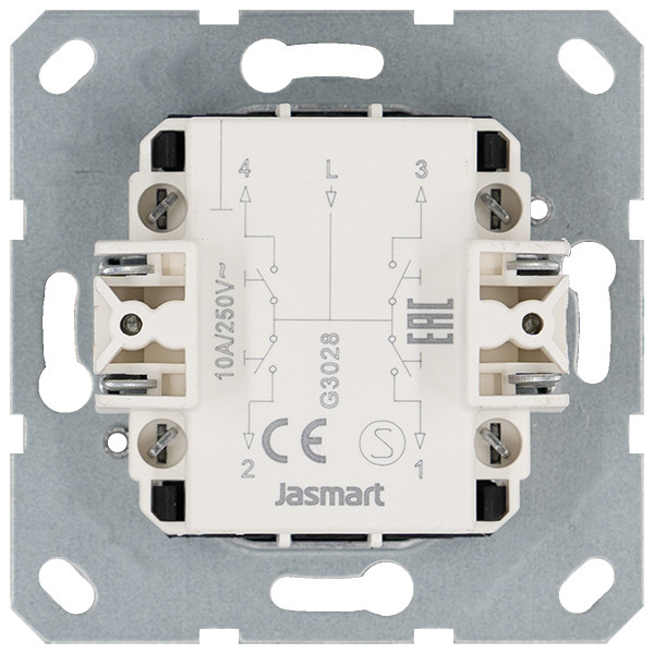 Выключатель двухклавишный для штор 10A 250V~ с накладкой, цвет белый глянцевый, G3028W, Jasmart