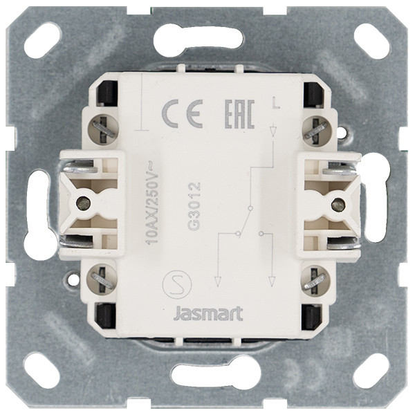 Выключатель одноклавишный проходной 10A 250V~ с накладкой, цвет белый глянцевый, G3012W, Jasmart