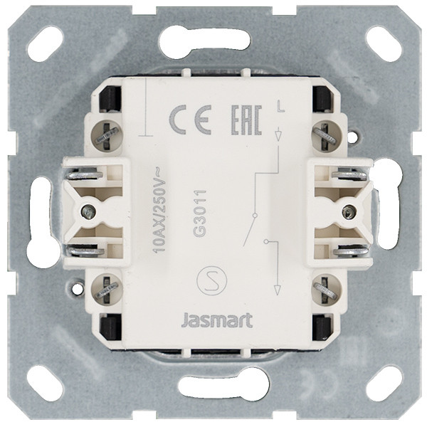Выключатель одноклавишный 10A 250V~ с накладкой, цвет белый глянцевый, G3011W, Jasmart